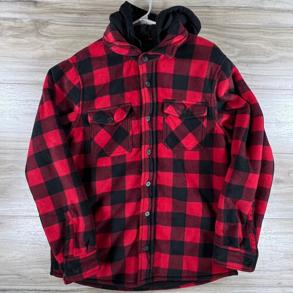 Hawke & Co Mens Red Black Buffalo Plaid Sherpa Lined Hooded Fleece Jacket M